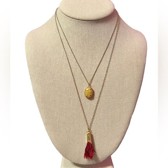 ⭐️3/$25⭐️ Double Strand Red Tassel Neutral Color Stone Gold Necklace - Picture 1 of 2